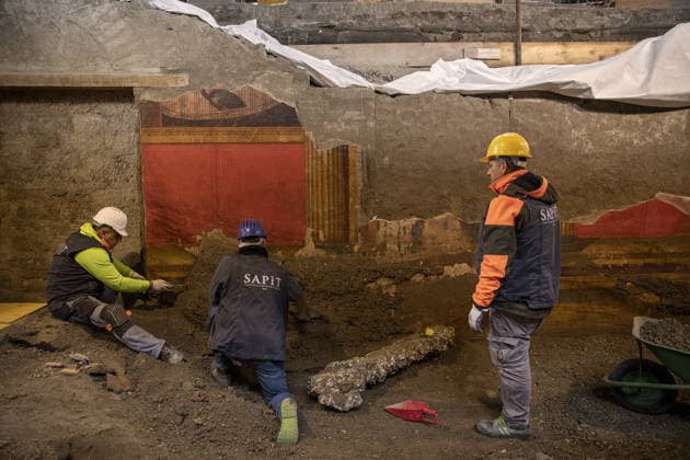 New discovery at the Pompeii Archaeological Park TORRE ANNUNZIATA, ITALY - FEBRUARY 12: Excavation and restoration work underway on the exceptional frescoes in the Hall of the Mask and the Peacock, one of the most refined rooms of the Villa of Poppaea at Oplontis, Torre Annunziata, Italy on February 12, 2026. The Villa of Poppaea is the sumptuous residence attributed to Nero s second wife at the site of Oplontis, which is part of the Pompeii Archaeological Park. Alessio Paduano Anadolu Torre Annunziata Italy. Editorial use only. Please get in touch for any other usage.  Copyright: x2026xAnadoluxAlessioxPaduanox
