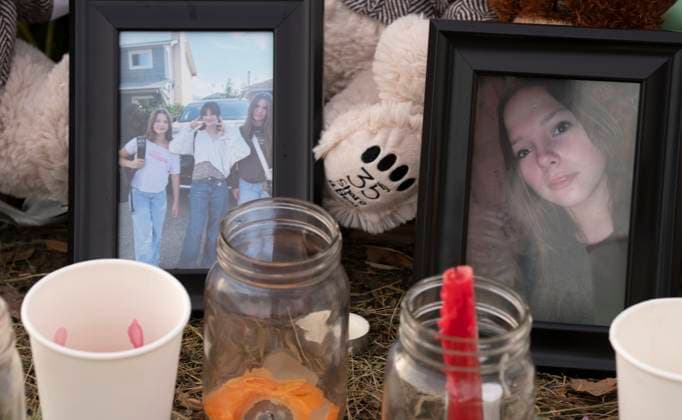 February 12, 2026, Tumbler Ridge, Bc, CANADA: Photos of victims are seen at a memorial in Tumbler Ridge, B.C., on Thursday, Feb. 12, 2026. Tumbler Ridge CANADA  - ZUMAc35_ 20260212_zaf_c35_186 Copyright: xChristinnexMuschix
