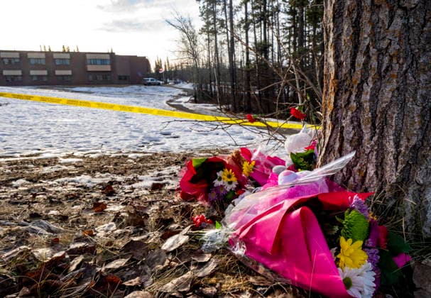 February 12, 2026, Tumbler Ridge, Bc, CANADA: A small memorial of flowers rests down the path from the school where a mass shooting took place in Tumbler Ridge, B.C., on Thursday, Feb. 12, 2026. Tumbler Ridge CANADA  - ZUMAc35_ 20260212_zaf_c35_203 Copyright: xChristinnexMuschix