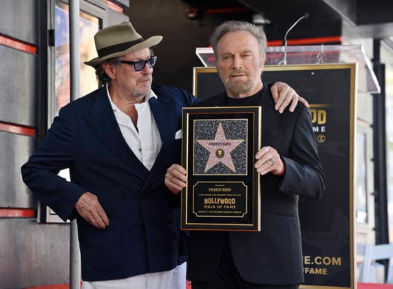 Italian actor Franco Nero (R) is joined by US painter and film director Julian Schnabel during an unveiling ceremony honoring him with the 2,835th star on the Hollywood Walk of Fame in Los Angeles on Thursday, February 12, 2026.  LAP2026021211 JIMxRUYMEN