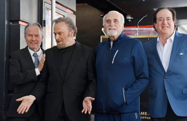 Italian actor Franco Nero (2nd-R) is joined by John Savage, Joseph Cortese and Nick Vallelonga (L-R) during an unveiling ceremony honoring him with the 2,835th star on the Hollywood Walk of Fame in Los Angeles on Thursday, February 12, 2026.  LAP2026021215 JIMxRUYMEN