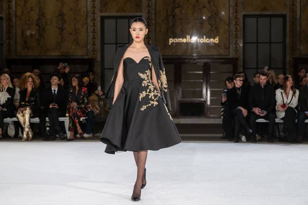 Pamella Roland fashion show during the New York Fashion Week in New York, USA - 12 Feb 2026 A model walks the runway for the Pamella Roland fashion show during the New York Fashion Week at the New York Public Library. New York United States Copyright: xRonxAdarx xSOPAxImagesx _radar_roland_20260212_00150