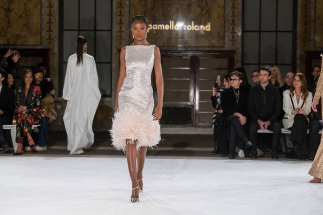 Pamella Roland fashion show during the New York Fashion Week in New York, USA - 12 Feb 2026 A model walks the runway for the Pamella Roland fashion show during the New York Fashion Week at the New York Public Library. New York United States Copyright: xRonxAdarx xSOPAxImagesx _radar_roland_20260212_00224