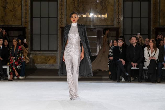 Pamella Roland fashion show during the New York Fashion Week in New York, USA - 12 Feb 2026 A model walks the runway for the Pamella Roland fashion show during the New York Fashion Week at the New York Public Library. New York United States Copyright: xRonxAdarx xSOPAxImagesx _radar_roland_20260212_00245