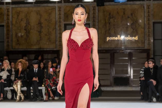 Pamella Roland fashion show during the New York Fashion Week in New York, USA - 12 Feb 2026 A model walks the runway for the Pamella Roland fashion show during the New York Fashion Week at the New York Public Library. New York United States Copyright: xRonxAdarx xSOPAxImagesx _radar_roland_20260212_00389