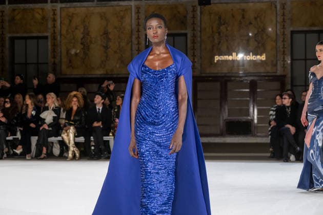Pamella Roland fashion show during the New York Fashion Week in New York, USA - 12 Feb 2026 A model walks the runway for the Pamella Roland fashion show during the New York Fashion Week at the New York Public Library. New York United States Copyright: xRonxAdarx xSOPAxImagesx _radar_roland_20260212_00492
