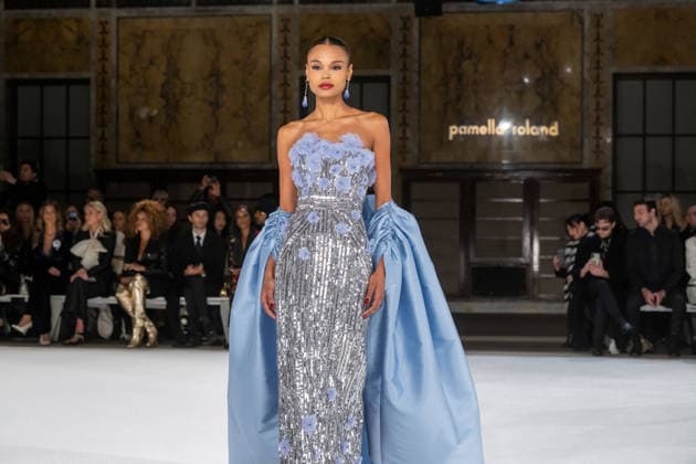 Pamella Roland fashion show during the New York Fashion Week in New York, USA - 12 Feb 2026 A model walks the runway for the Pamella Roland fashion show during the New York Fashion Week at the New York Public Library. New York United States Copyright: xRonxAdarx xSOPAxImagesx _radar_roland_20260212_00534