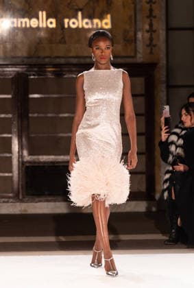 NY: Pamella Roland Fashion Show Fall 2026 Model walks runway for Pamella Roland Fall 2026 show during FW26 Fashion Week at New York Public Library in New York, NY on February 12, 2026. New York New York United States Copyright: LevxRadin