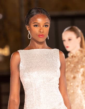 NY: Pamella Roland Fashion Show Fall 2026 Model walks runway for Pamella Roland Fall 2026 show during FW26 Fashion Week at New York Public Library in New York, NY on February 12, 2026. New York New York United States Copyright: LevxRadin