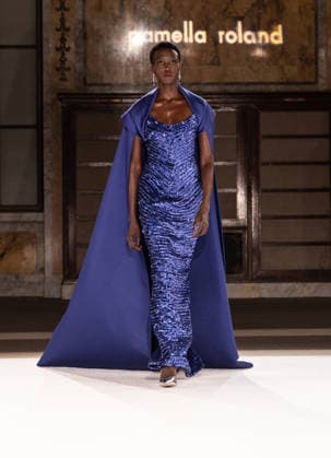 NY: Pamella Roland Fashion Show Fall 2026 Model walks runway for Pamella Roland Fall 2026 show during FW26 Fashion Week at New York Public Library in New York, NY on February 12, 2026. New York New York United States Copyright: LevxRadin