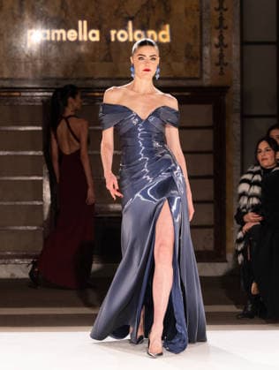 NY: Pamella Roland Fashion Show Fall 2026 Model walks runway for Pamella Roland Fall 2026 show during FW26 Fashion Week at New York Public Library in New York, NY on February 12, 2026. New York New York United States Copyright: LevxRadin