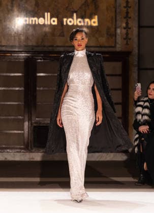 NY: Pamella Roland Fashion Show Fall 2026 Model walks runway for Pamella Roland Fall 2026 show during FW26 Fashion Week at New York Public Library in New York, NY on February 12, 2026. New York New York United States Copyright: LevxRadin