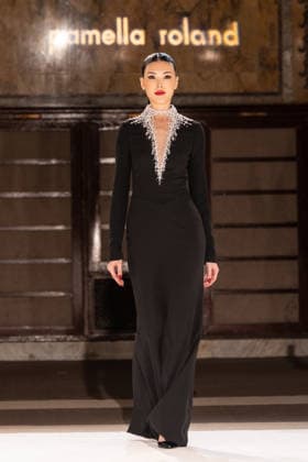 NY: Pamella Roland Fashion Show Fall 2026 Model walks runway for Pamella Roland Fall 2026 show during FW26 Fashion Week at New York Public Library in New York, NY on February 12, 2026. New York New York United States Copyright: LevxRadin