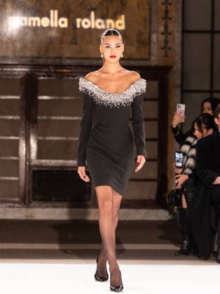 NY: Pamella Roland Fashion Show Fall 2026 Model walks runway for Pamella Roland Fall 2026 show during FW26 Fashion Week at New York Public Library in New York, NY on February 12, 2026. New York New York United States Copyright: LevxRadin
