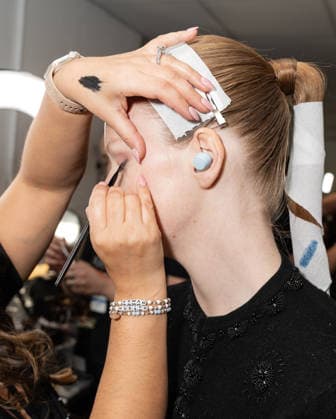 NY: Pamella Roland Fashion Show Fall 2026 Model prepares backstage for Pamella Roland Fall 2026 show during FW26 Fashion Week at New York Public Library in New York, NY on February 12, 2026. New York New York United States Copyright: LevxRadin