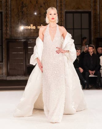 NY: Pamella Roland Fashion Show Fall 2026 Model walks runway for Pamella Roland Fall 2026 show during FW26 Fashion Week at New York Public Library in New York, NY on February 12, 2026. New York New York United States Copyright: LevxRadin