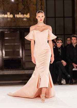 NY: Pamella Roland Fashion Show Fall 2026 Model walks runway for Pamella Roland Fall 2026 show during FW26 Fashion Week at New York Public Library in New York, NY on February 12, 2026. New York New York United States Copyright: LevxRadin