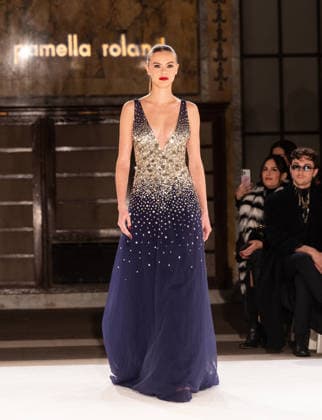 NY: Pamella Roland Fashion Show Fall 2026 Model walks runway for Pamella Roland Fall 2026 show during FW26 Fashion Week at New York Public Library in New York, NY on February 12, 2026. New York New York United States Copyright: LevxRadin