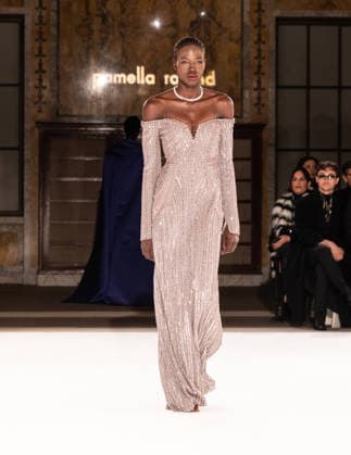 NY: Pamella Roland Fashion Show Fall 2026 Model walks runway for Pamella Roland Fall 2026 show during FW26 Fashion Week at New York Public Library in New York, NY on February 12, 2026. New York New York United States Copyright: LevxRadin