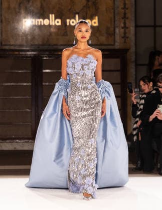 NY: Pamella Roland Fashion Show Fall 2026 Model walks runway for Pamella Roland Fall 2026 show during FW26 Fashion Week at New York Public Library in New York, NY on February 12, 2026. New York New York United States Copyright: LevxRadin