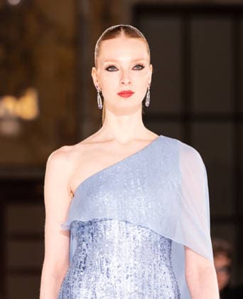 NY: Pamella Roland Fashion Show Fall 2026 Model walks runway for Pamella Roland Fall 2026 show during FW26 Fashion Week at New York Public Library in New York, NY on February 12, 2026. New York New York United States Copyright: LevxRadin