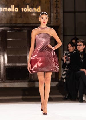 NY: Pamella Roland Fashion Show Fall 2026 Model walks runway for Pamella Roland Fall 2026 show during FW26 Fashion Week at New York Public Library in New York, NY on February 12, 2026. New York New York United States Copyright: LevxRadin