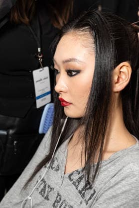 NY: Pamella Roland Fashion Show Fall 2026 Model prepares backstage for Pamella Roland Fall 2026 show during FW26 Fashion Week at New York Public Library in New York, NY on February 12, 2026. New York New York United States Copyright: LevxRadin