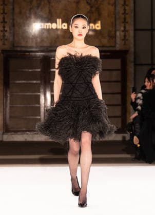 NY: Pamella Roland Fashion Show Fall 2026 Model walks runway for Pamella Roland Fall 2026 show during FW26 Fashion Week at New York Public Library in New York, NY on February 12, 2026. New York New York United States Copyright: LevxRadin