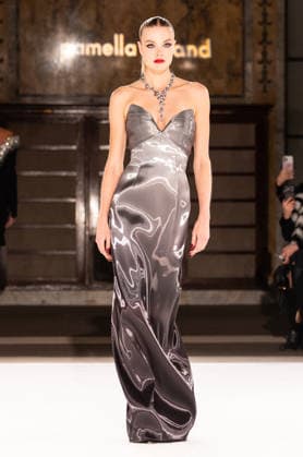 NY: Pamella Roland Fashion Show Fall 2026 Model walks runway for Pamella Roland Fall 2026 show during FW26 Fashion Week at New York Public Library in New York, NY on February 12, 2026. New York New York United States Copyright: LevxRadin