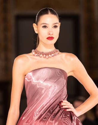 NY: Pamella Roland Fashion Show Fall 2026 Model walks runway for Pamella Roland Fall 2026 show during FW26 Fashion Week at New York Public Library in New York, NY on February 12, 2026. New York New York United States Copyright: LevxRadin