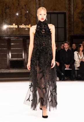 NY: Pamella Roland Fashion Show Fall 2026 Model walks runway for Pamella Roland Fall 2026 show during FW26 Fashion Week at New York Public Library in New York, NY on February 12, 2026. New York New York United States Copyright: LevxRadin