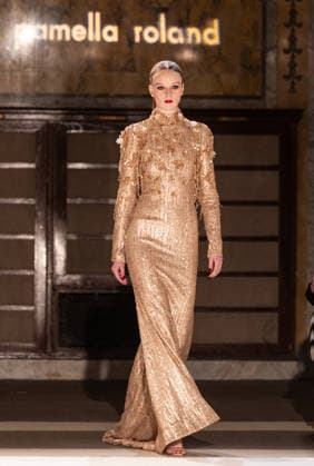 NY: Pamella Roland Fashion Show Fall 2026 Model walks runway for Pamella Roland Fall 2026 show during FW26 Fashion Week at New York Public Library in New York, NY on February 12, 2026. New York New York United States Copyright: LevxRadin