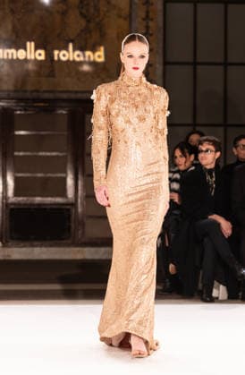 NY: Pamella Roland Fashion Show Fall 2026 Model walks runway for Pamella Roland Fall 2026 show during FW26 Fashion Week at New York Public Library in New York, NY on February 12, 2026. New York New York United States Copyright: LevxRadin