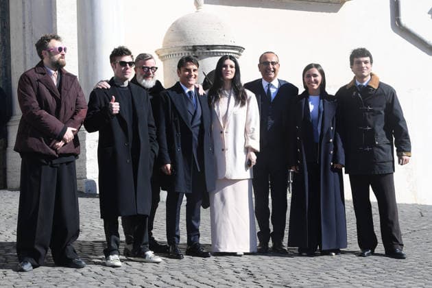Sanremo Italian Song Festival singers are welcomed at Quirinale Palace Rome, Italy Dargen D Amico;Fedez;Marco Masini;Sal Da Vinci;Laura Pausini;Carlo Conti;Serena Brancale;Leo Gassmann Sanremo Italian Song Festival singers are welcomed at Quirinale Palace Rome, Italy 13th February 2026 SGPItalia id 134490 Not Exclusive  Copyright: xx
