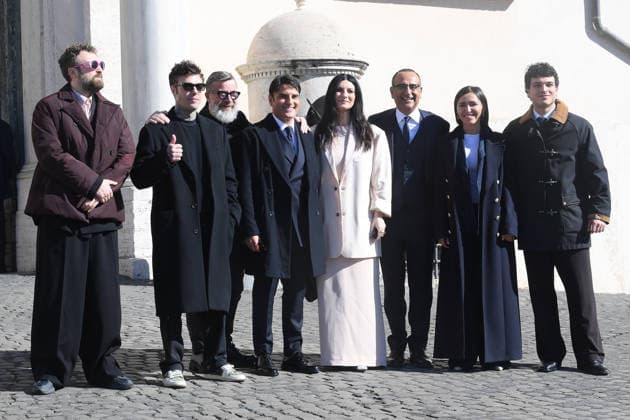 Sanremo Italian Song Festival singers are welcomed at Quirinale Palace Rome, Italy Dargen DÕAmico;Fedez;Marco Masini;Sal Da Vinci;Laura Pausini;Carlo Conti;Serena Brancale;Leo Gassmann Sanremo Italian Song Festival singers are welcomed at Quirinale Palace Rome, Italy 13th February 2026 SGPItalia id 134490 Not Exclusive  Copyright: xx