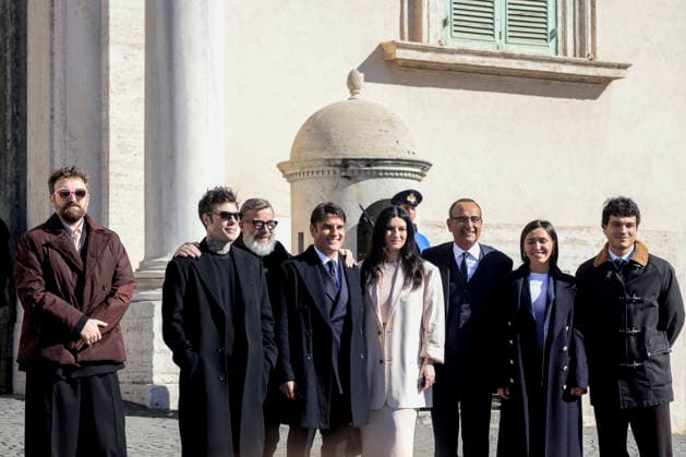 February 13, 2026, Rome, Rome, ITALY: February 13, 2026, Rome. The artists of the 66th Sanremo Music Festival at the Quirinale Palace to meet the President of the Republic. Pictured, from left, are Dargen D Amico, Fedez, Marco Masini, Sal Da Vinci, Laura Pausini, Carlo Conti, Serena Brancale, and Leo Gassmann. Rome ITALY - ZUMAa289 20260213_zia_a289_003 Copyright: xRichardxDexLucax