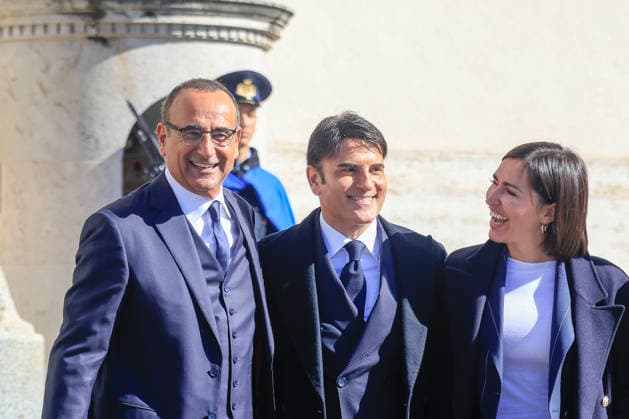 February 13, 2026, Rome, Rome, ITALY: February 13, 2026, Rome. The artists of the 66th Sanremo Festival at the Quirinale Palace to meet the President of the Republic. Pictured, from left, are Carlo Conti, Sal Da Vinci, and Serena Brancale. Rome ITALY - ZUMAa289 20260213_zia_a289_111 Copyright: xRichardxDexLucax