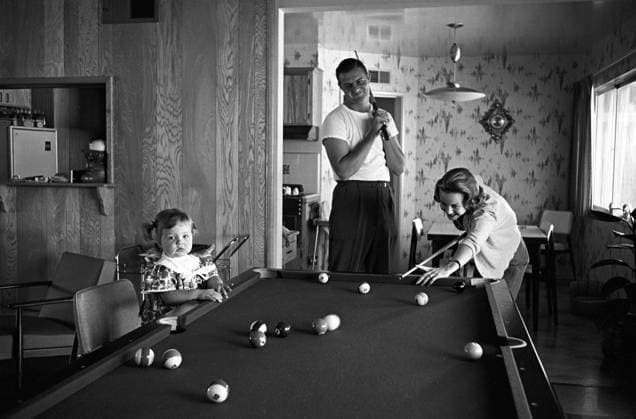 RECORD DATE NOT STATED Don Drysdale takes a break to play a relaxing game of billiards in their Los Angeles home with wife Eula Ginger Dubberly and their child 1961 EDITORIAL USE ONLY  Copyright: xSidxAveryx