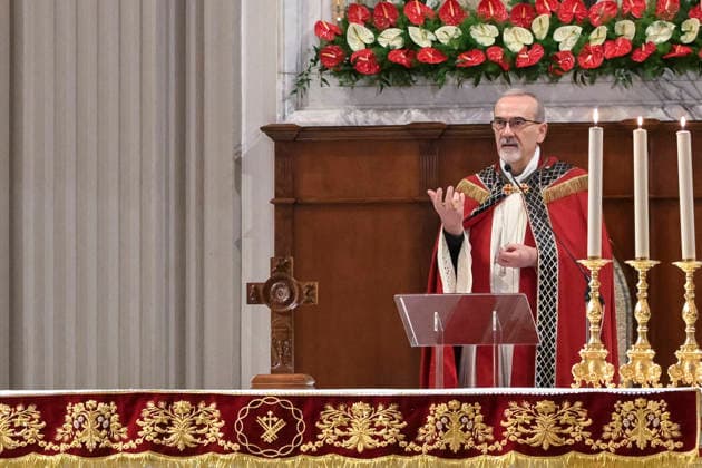 Cardinal Pizzaballa at the Diocesan Shrine of the Holy Crucifix in Cosenza February 13, 2020, Cosenza. Cardinal Pizzaballa celebrating Mass. The Patriarch of Jerusalem, Cardinal Pierbattista Pizzaballa, participated in a celebration at the Diocesan Shrine of the Most Holy Crucifix on the occasion of the eighth centenary of the Franciscan Order., Credit:Valeria Ferraro AGF Avalon Italy, Cosenza  Copyright: xValeriaxFerraro AGFx xAvalonx 1074679214