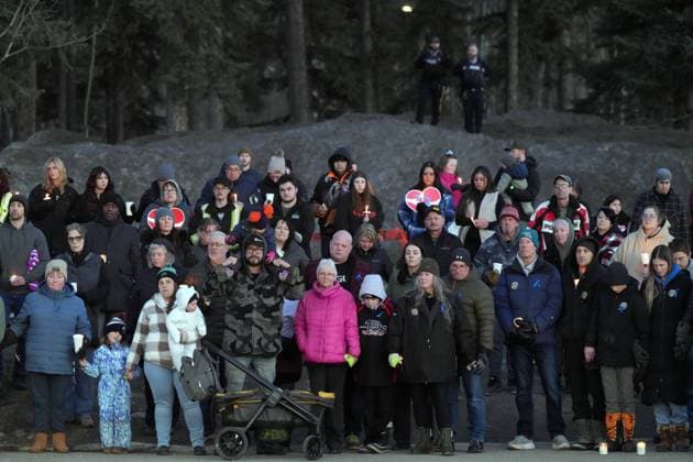 February 13, 2026, Tumbler Ridge, Bc, CANADA: People attend a vigil for the victims of a mass shooting, in Tumbler Ridge, B.C., Friday, Feb. 13, 2026. Tumbler Ridge CANADA  - ZUMAc35_ 20260213_zaf_c35_164 Copyright: xChristinnexMuschix