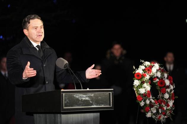 February 13, 2026, Tumbler Ridge, Bc, CANADA: Conservative Leader Pierre Poilievre speaks while attending a vigil for the victims of a mass shooting, in Tumbler Ridge, B.C., Friday, Feb. 13, 2026. Tumbler Ridge CANADA  - ZUMAc35_ 20260213_zaf_c35_173 Copyright: xChristinnexMuschix