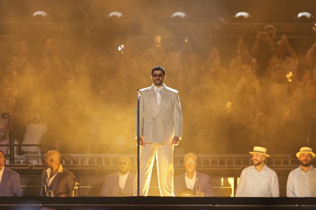 Bad Bunny performs first Buenos Aires concert of world tour BUENOS AIRES, ARGENTINA - FEBRUARY 13: Puerto Rican singer Bad Bunny performs during the first of his three scheduled shows at Estadio Monumental in Buenos Aires, Argentina, as part of his Debi Tirar Mas Fotos world tour, in Buenos Aires, Argentina on February 13, 2026. The artist arrived in Argentina following a high-profile appearance at the Super Bowl, where he delivered strong criticism of US policies, and after winning a Grammy Award, becoming the first Spanish-language album to receive the Album of the Year honor. The concert drew tens of thousands of fans, marking one of the most anticipated musical events of the year in the Argentine capital. Luciano Gonzalez Anadolu Bu Copyright: x2026xAnadoluxLucianoxGonzalezx