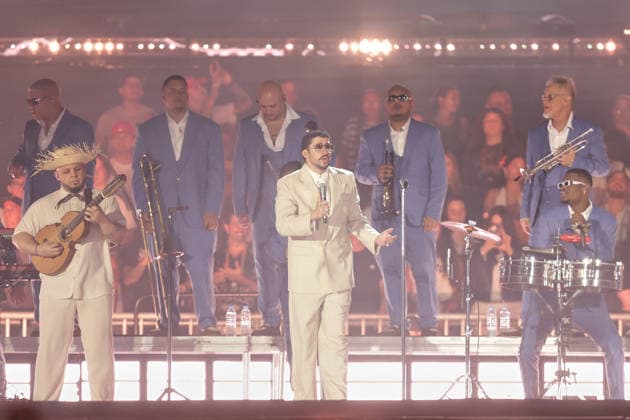 Bad Bunny performs first Buenos Aires concert of world tour BUENOS AIRES, ARGENTINA - FEBRUARY 13: Puerto Rican singer Bad Bunny performs during the first of his three scheduled shows at Estadio Monumental in Buenos Aires, Argentina, as part of his Debi Tirar Mas Fotos world tour, in Buenos Aires, Argentina on February 13, 2026. The artist arrived in Argentina following a high-profile appearance at the Super Bowl, where he delivered strong criticism of US policies, and after winning a Grammy Award, becoming the first Spanish-language album to receive the Album of the Year honor. The concert drew tens of thousands of fans, marking one of the most anticipated musical events of the year in the Argentine capital. Luciano Gonzalez Anadolu Bu  Copyright: x2026xAnadoluxLucianoxGonzalezx
