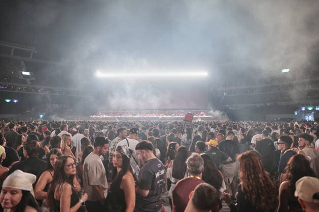 Bad Bunny performs first Buenos Aires concert of world tour BUENOS AIRES, ARGENTINA - FEBRUARY 13: Puerto Rican singer Bad Bunny performs during the first of his three scheduled shows at Estadio Monumental in Buenos Aires, Argentina, as part of his Debi Tirar Mas Fotos world tour, in Buenos Aires, Argentina on February 13, 2026. The artist arrived in Argentina following a high-profile appearance at the Super Bowl, where he delivered strong criticism of US policies, and after winning a Grammy Award, becoming the first Spanish-language album to receive the Album of the Year honor. The concert drew tens of thousands of fans, marking one of the most anticipated musical events of the year in the Argentine capital. Luciano Gonzalez Anadolu Bu  Copyright: x2026xAnadoluxLucianoxGonzalezx