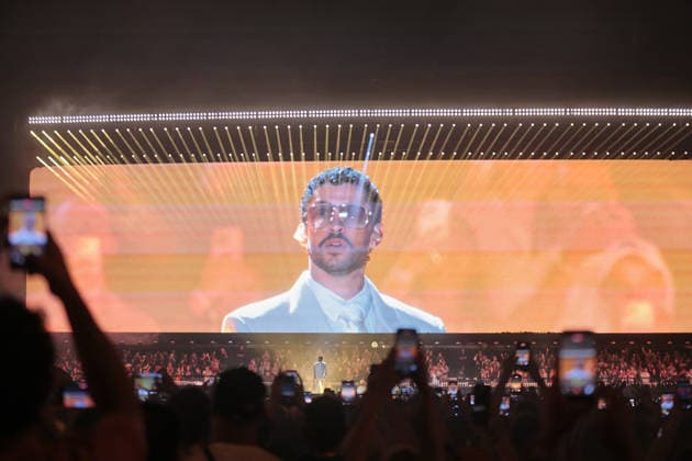 Bad Bunny performs first Buenos Aires concert of world tour BUENOS AIRES, ARGENTINA - FEBRUARY 13: Puerto Rican singer Bad Bunny performs during the first of his three scheduled shows at Estadio Monumental in Buenos Aires, Argentina, as part of his Debi Tirar Mas Fotos world tour, in Buenos Aires, Argentina on February 13, 2026. The artist arrived in Argentina following a high-profile appearance at the Super Bowl, where he delivered strong criticism of US policies, and after winning a Grammy Award, becoming the first Spanish-language album to receive the Album of the Year honor. The concert drew tens of thousands of fans, marking one of the most anticipated musical events of the year in the Argentine capital. Luciano Gonzalez Anadolu Bu  Copyright: x2026xAnadoluxLucianoxGonzalezx