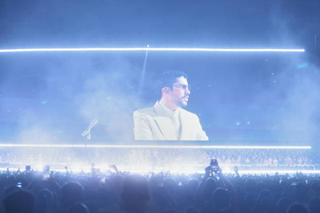Bad Bunny performs first Buenos Aires concert of world tour BUENOS AIRES, ARGENTINA - FEBRUARY 13: Puerto Rican singer Bad Bunny performs during the first of his three scheduled shows at Estadio Monumental in Buenos Aires, Argentina, as part of his Debi Tirar Mas Fotos world tour, in Buenos Aires, Argentina on February 13, 2026. The artist arrived in Argentina following a high-profile appearance at the Super Bowl, where he delivered strong criticism of US policies, and after winning a Grammy Award, becoming the first Spanish-language album to receive the Album of the Year honor. The concert drew tens of thousands of fans, marking one of the most anticipated musical events of the year in the Argentine capital. Luciano Gonzalez Anadolu Bu  Copyright: x2026xAnadoluxLucianoxGonzalezx