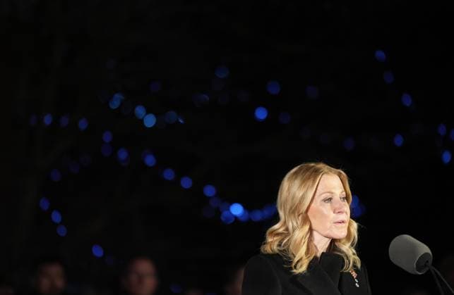 February 13, 2026, Tumbler Ridge, Bc, CANADA: Lieutenant governor of British Columbia Wendy Lisogar-Cocchia speaks while attending a vigil for the victims of a mass shooting, in Tumbler Ridge, B.C., Friday, Feb. 13, 2026. Tumbler Ridge CANADA  - ZUMAc35_ 20260213_zaf_c35_176 Copyright: xChristinnexMuschix
