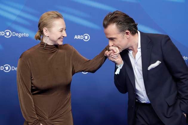 Anna Maria Mühe and Lucas Gregorowicz, hand kiss, at the ARD BLUE HOUR 2026, Party for the 76th Berlin International Film Festival, Berlinale, at the Telegraphenamt in Berlin, Red Carpet,