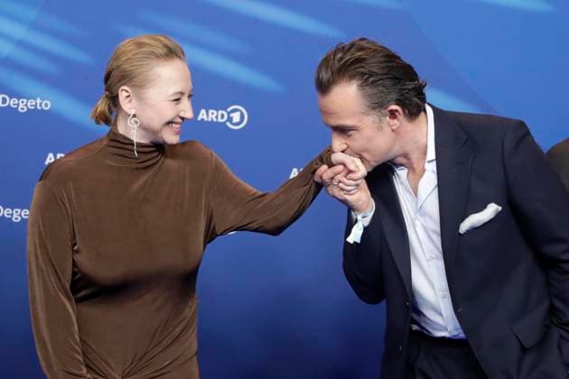 Anna Maria Mühe and Lucas Gregorowicz, hand kiss, at the ARD BLUE HOUR 2026, Party for the 76th Berlin International Film Festival, Berlinale, at the Telegraphenamt in Berlin, Red Carpet,