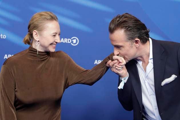 Anna Maria Mühe and Lucas Gregorowicz, hand kiss, at the ARD BLUE HOUR 2026, Party for the 76th Berlin International Film Festival, Berlinale, at the Telegraphenamt in Berlin, Red Carpet,